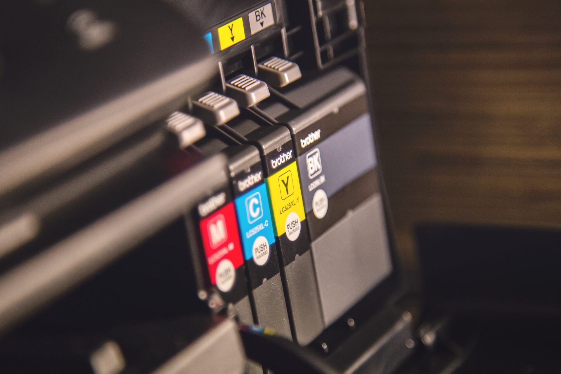 Picture of an office printer with the toner cartridges exposed.