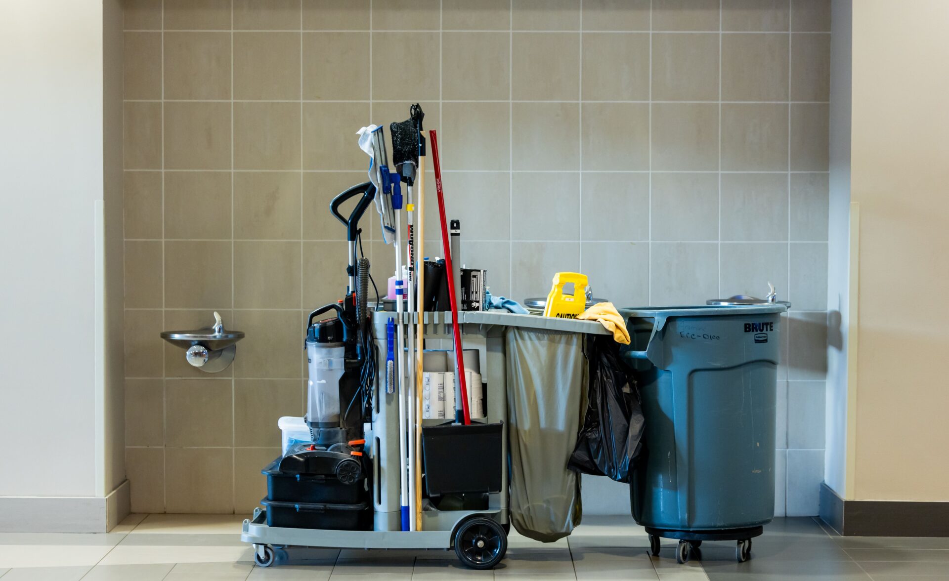 Picture of a fully loaded janitor's service cart